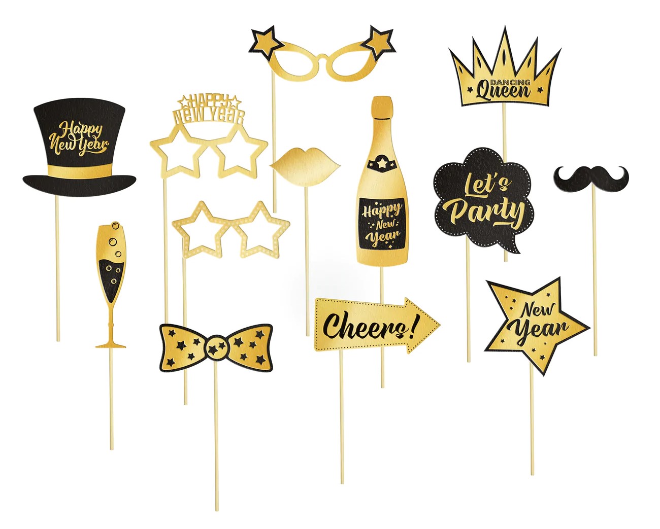 Gold And Black Photo Booth Props For New Years Eve (13Pcs) | Boutique Party  Shop