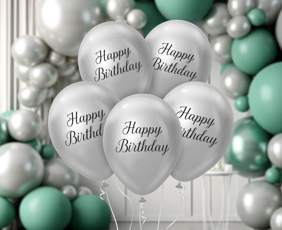Ασημί λάτεξ μπαλόνια με μαύρο Happy Birthday τύπωμα για πάρτυ γενεθλίων