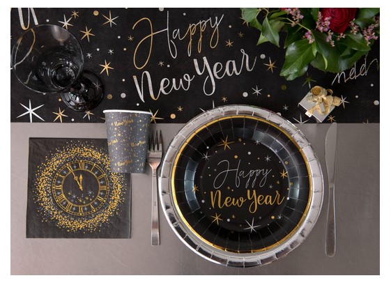 Happy New Year μαύρα μεγάλα χάρτινα πιάτα με χρυσή μπορντούρα για την Πρωτοχρονιά