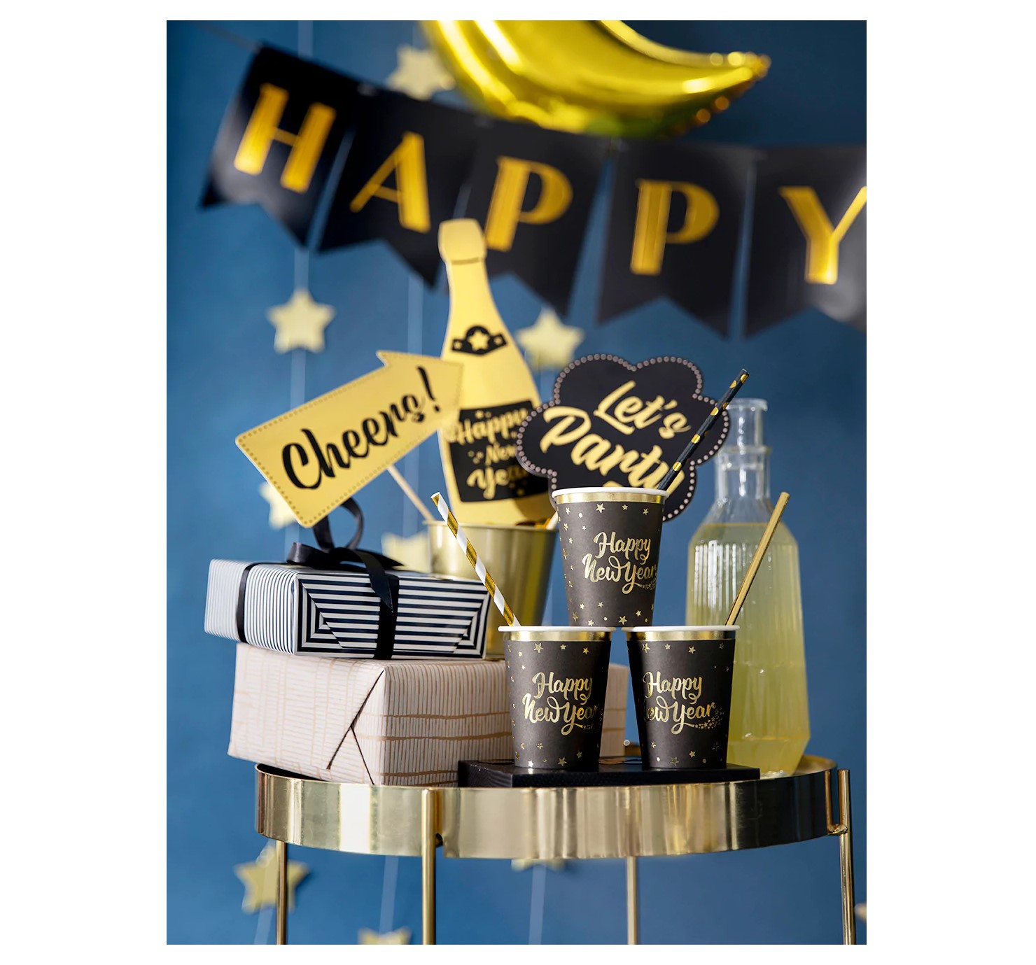 Happy New Year μαύρα χάρτινα ποτήρια με αστεράκια για την Πρωτοχρονιά