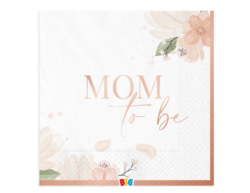 Χαρτοπετσέτες φαγητού με ροζ χρυσό τύπωμα Mom to Be και με σχέδιο τα λουλούδια 16τμχ