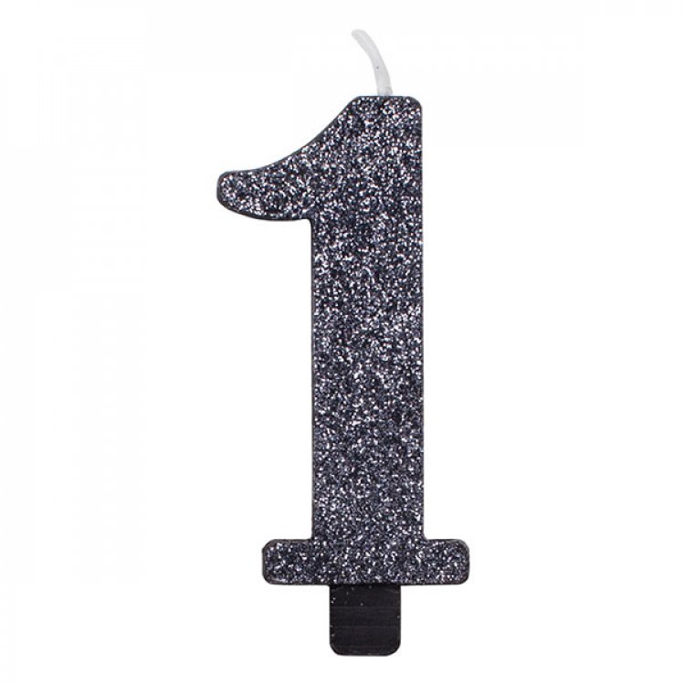 1 Number One Black With Glitter Birthday Cake Candle