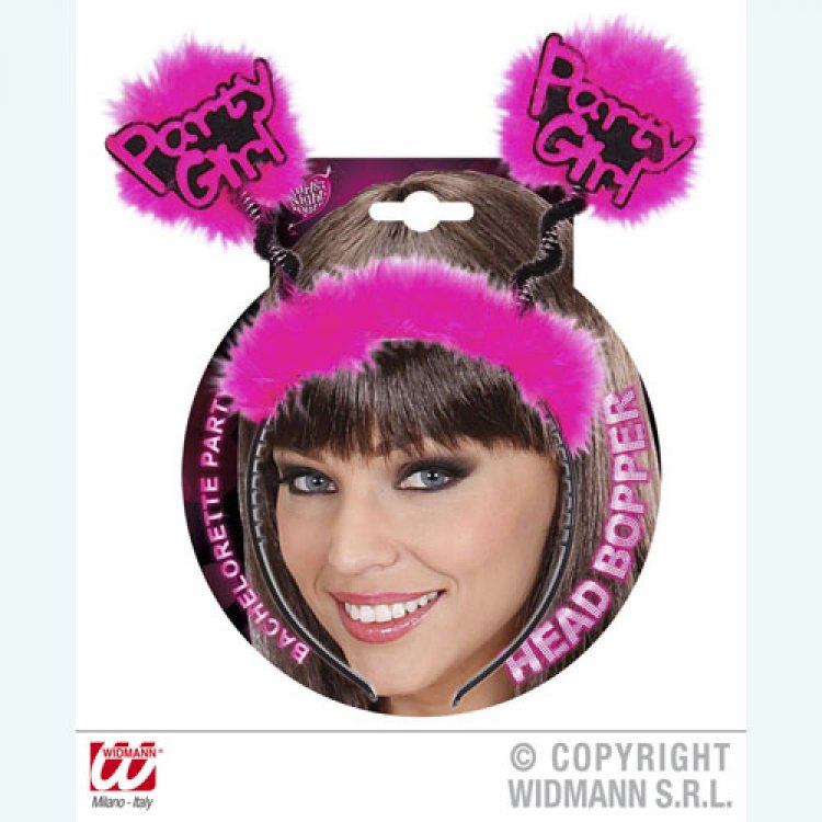 Black headband with fuchsia feathers and Party Girl print