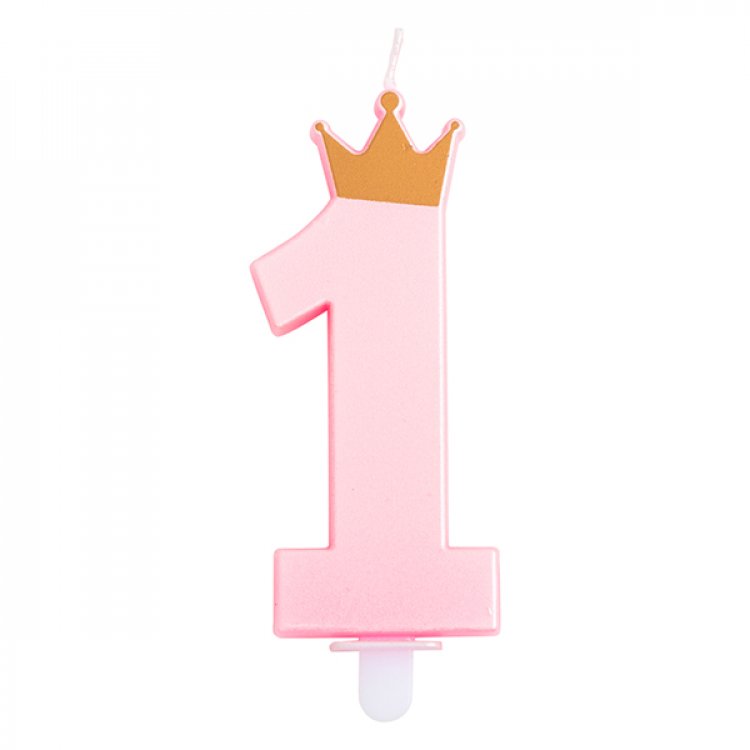 1 Pink Pearl Number Cake Candle With Gold Crown For Birthday Cake