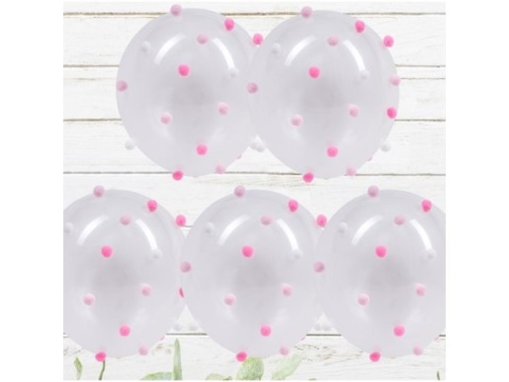 Διάφανα Μπαλόνια Λάτεξ με Ροζ Πομ Πομ (5τμχ)