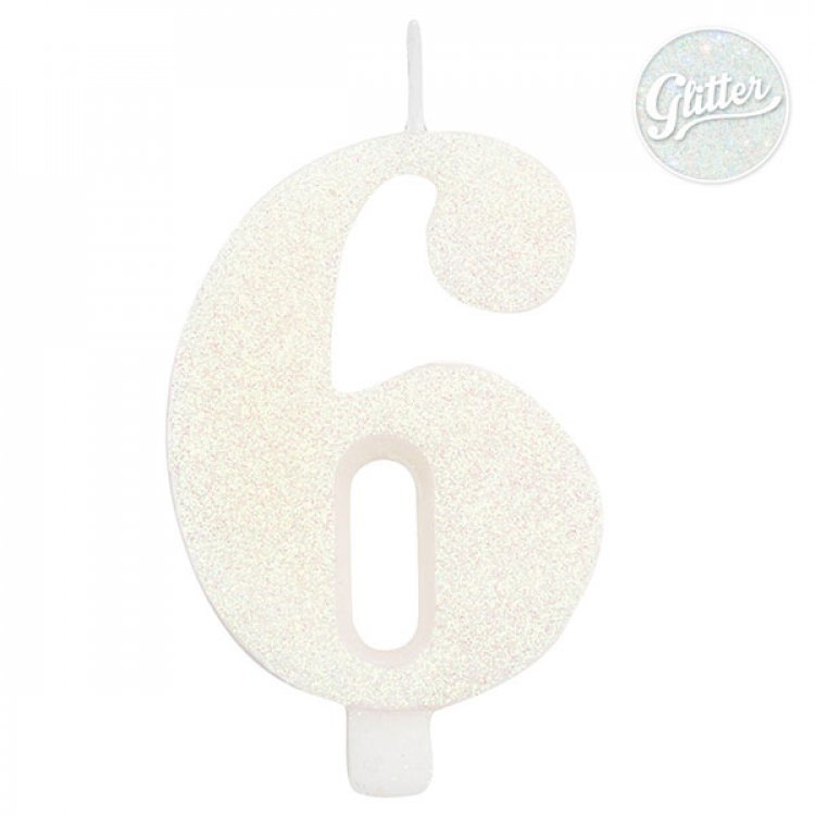6 Six White Glitter Number Cake Candle