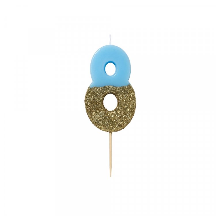 8 Blue Cake Candle with Gold Glitter