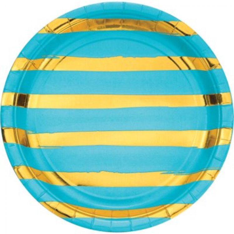 Bermuda Blue Large Paper Plates with Gold Foiled Abstract Lines 8/pcs