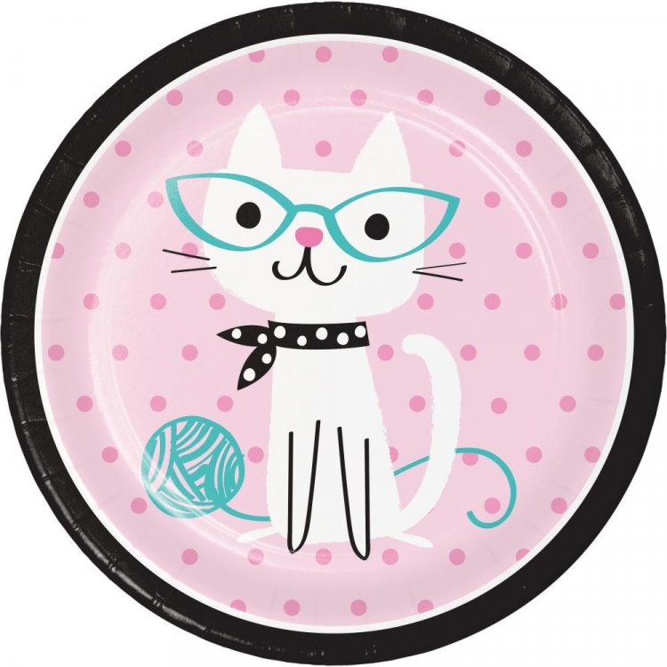 Purrfect party large paper plates with white cat print
