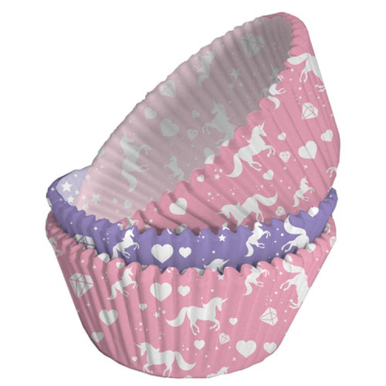 Pink and lilac cupcake cases with unicorn theme