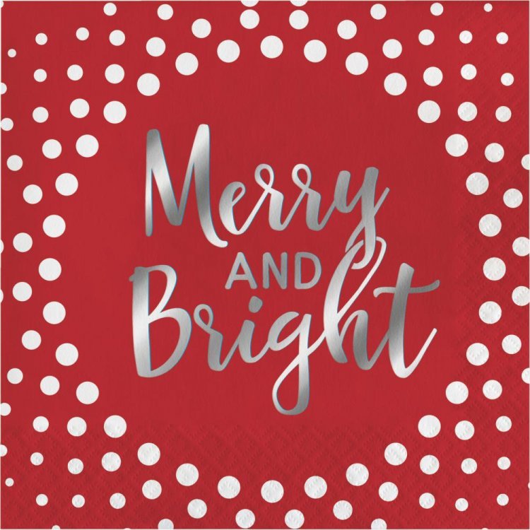 Merry and Bright silver foiled red luncheon napkins 16/pcs