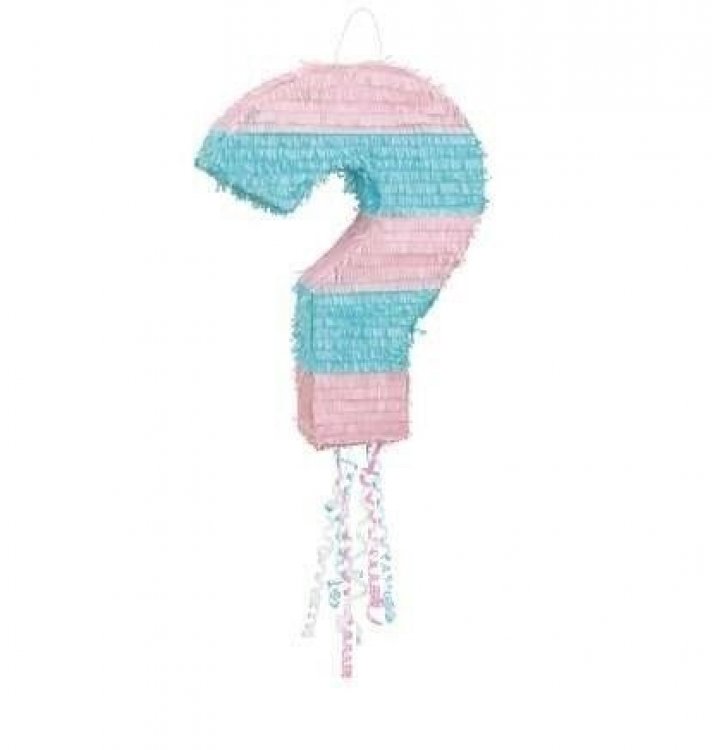 Πινιάτα με σχήμα το ερωτηματικό για την αποκάλυψη του φύλου
