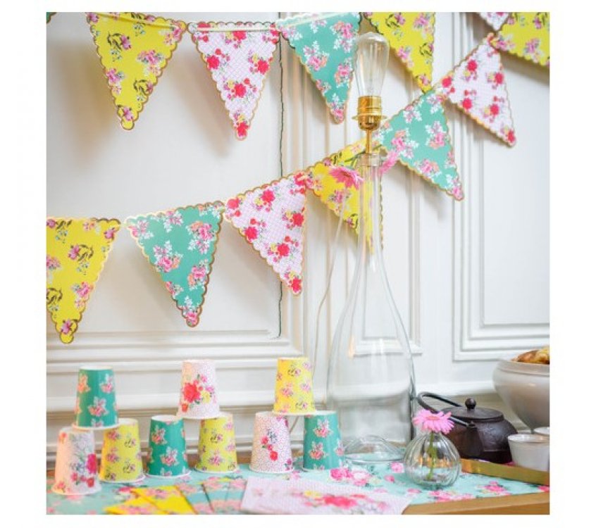 Floral flag bunting with gold foiled details for party decoration