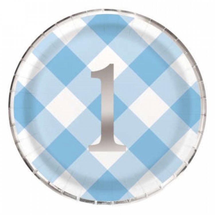 Γαλάζιο Καρό Μεγάλα Χάρτινα Πιάτα για Πρώτα Γενέθλια (8τμχ)
