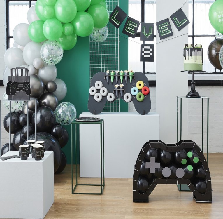 Game on controller shaped balloon decoration for boys parties