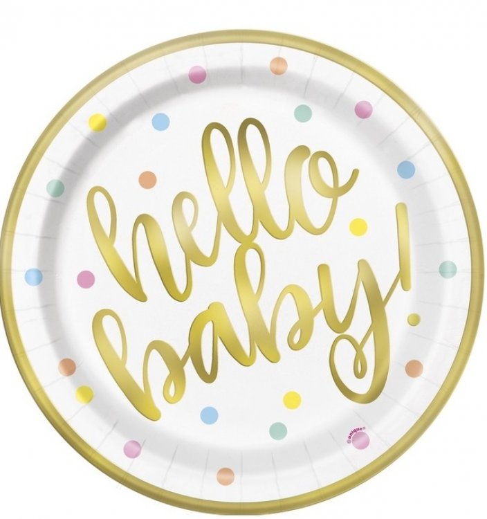 Hello Baby Gold Foiled Large Paper Plates (8pcs)