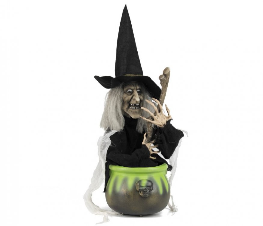 Decorative witch with her cauldron that speaks and moves for your Halloween party