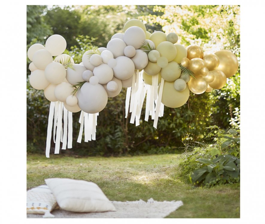 DIY balloon garland decoration in olive green, cream, grey and gold color