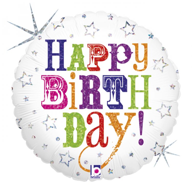 Άσπρο Με Ασημί Αστέρια Ολογραφικό Τύπωμα Για Γενέθλια Happy Birthday Μπαλόνι Foil