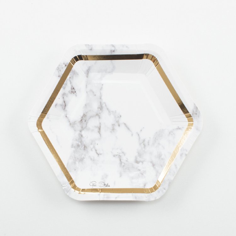 Scripted Marble White Small Hexagonal Paper Plates (8pcs)
