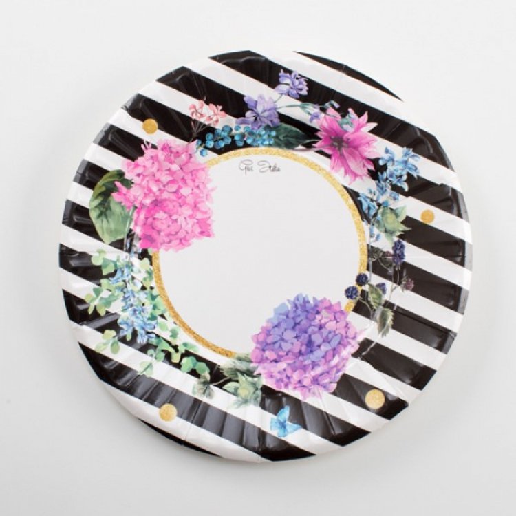 small-paper-plates-floral-with-white-and-black-stripes-themed-party-supplies-63842