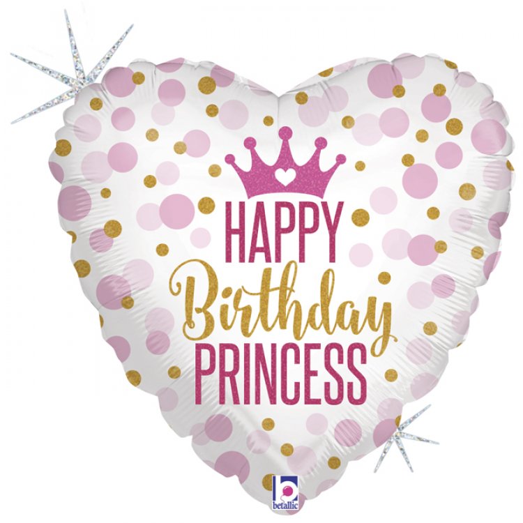 Heart Happy Birthday Princess Pink and Gold Dots Holographic Foil Balloon
