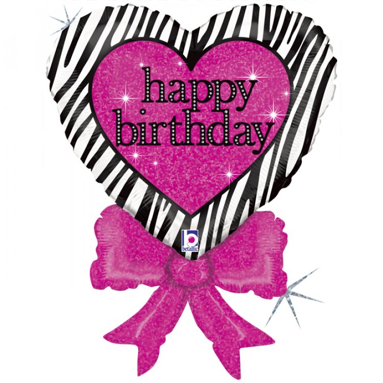 Heart Black and Fuxia Happy Birthday Holographic Supershape Balloon