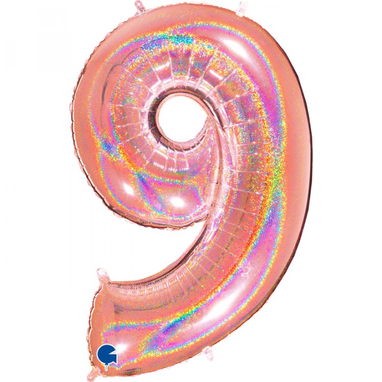 Ροζ Χρυσό Με Ολογραφικό Τύπωμα Μπαλόνι Supershape Αριθμός-Νούμερο 9 Εννιά