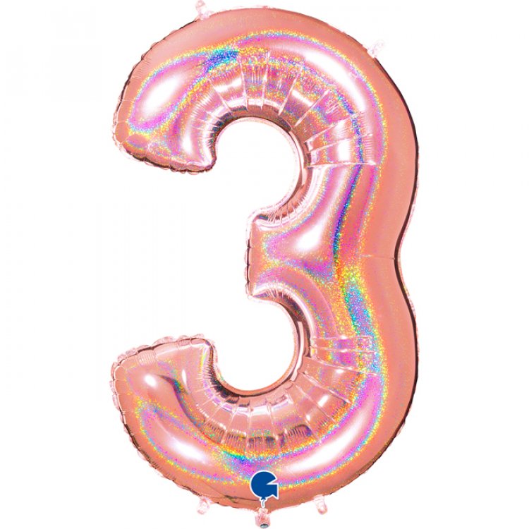 Ροζ Χρυσό Με Ολογραφικό Τύπωμα Μπαλόνι Supershape Αριθμός-Νούμερο 3 (100εκ)
