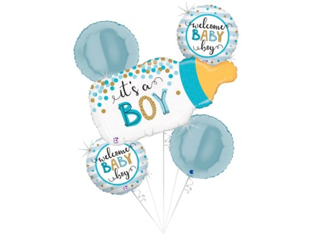 Μπιμπερό supershape μπαλόνι με τύπωμα it's a boy, μπουκέτο με μπαλόνια για baby shower