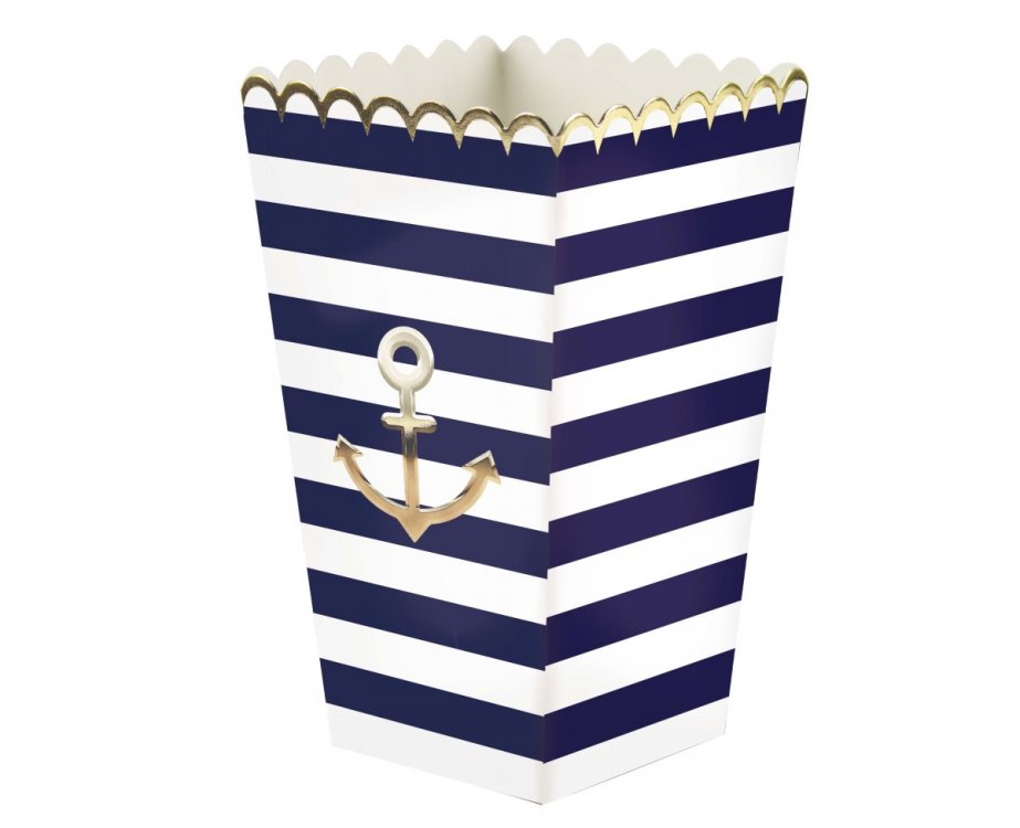 Treat boxes in white and blue color with a gold foiled anchor print.