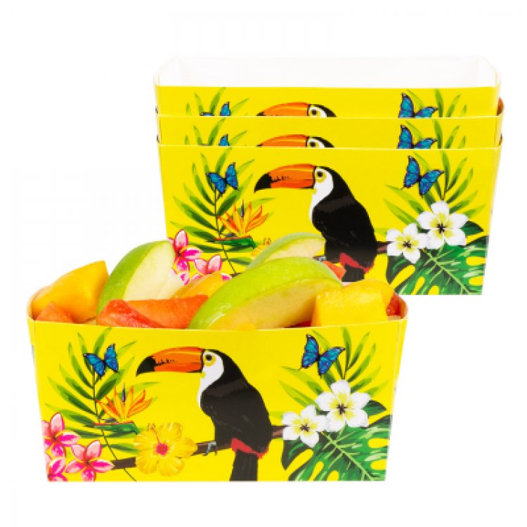 Paper bowls in yellow color with tropical toucan theme