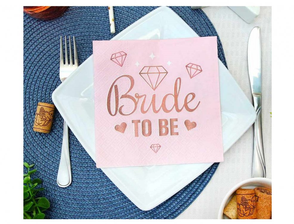 Bride to Be pink luncheon napkins with rose gold print for a bachelorette party