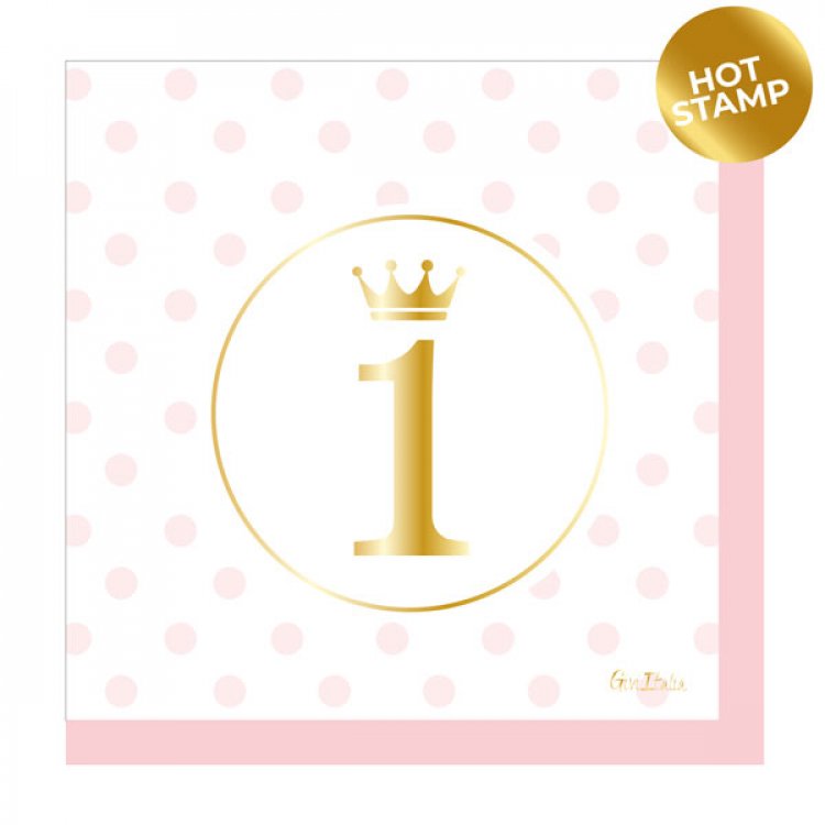 Ροζ χαρτοπετσέτες με τον αριθμό 1 και την κορώνα για τα πρώτα γενέθλια