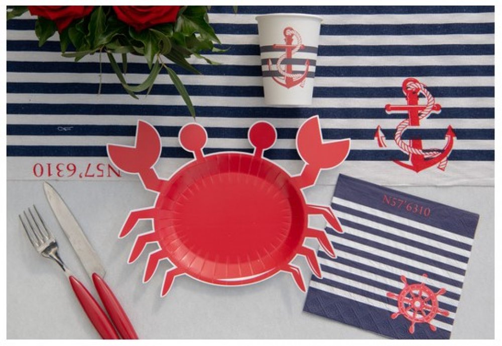 Paper plates in the shape of a crab for a navy or ocean theme party