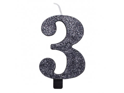 3 Number Three Black With Glitter Birthday Cake Candle