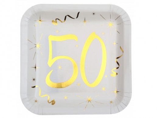 White square large paper plates with gold foiled print the number 50 10pcs