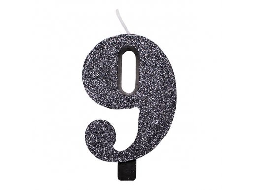 9 Number Nine Black With Glitter Birthday Cake Candle