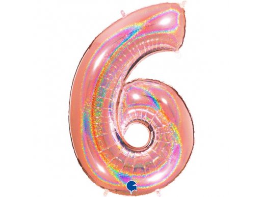 Ροζ Χρυσό Με Ολογραφικό Τύπωμα Μπαλόνι Supershape Αριθμός-Νούμερο 6 (100εκ)