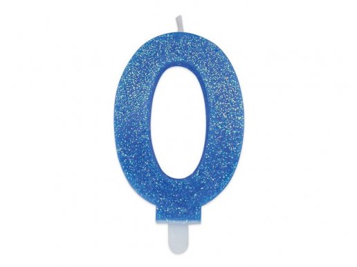 Number 0 birthday cake candle in light blue color with glitter 8cm
