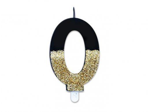 Prestige birthday cake candle with the number 0 in black color with gold glitter 8cm
