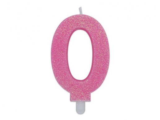 Number 0 birthday cake candle in pink color with glitter 8cm