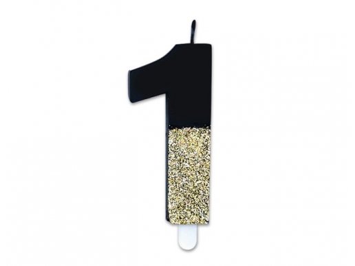 Prestige black birthday cake candle with number one with gold glitter 8cm