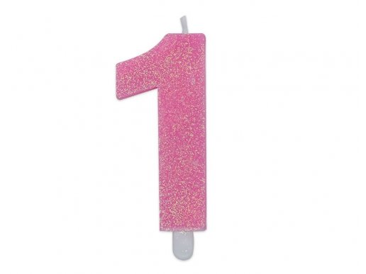 Number 1 birthday cake candle in pink color with glitter 8cm