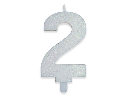 Number 2 birthday cake candle in white color with glitter 8cm