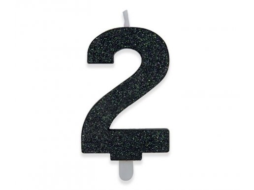 Number 2 birthday cake candle in black color with glitter 8cm