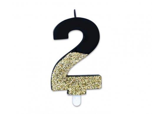 Prestige black and gold glitter birthday cake candle with the number 2 8cm