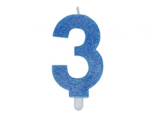 Number 3 birthday cake candle in light blue color with glitter 8cm