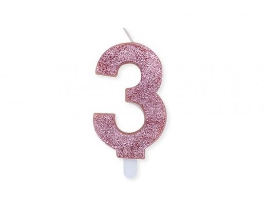 Κεράκι για τούρτα γενεθλίων με τον αριθμό 3 σε ροζ χρυσό χρώμα με γκλίτερ 8εκ