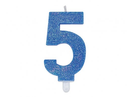 Number 5 birthday cake candle in light blue color with glitter 8cm